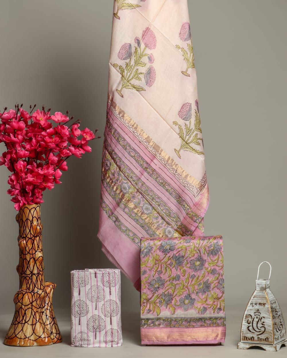 Designer Handblock Printed Maheshwari Silk Suit Set