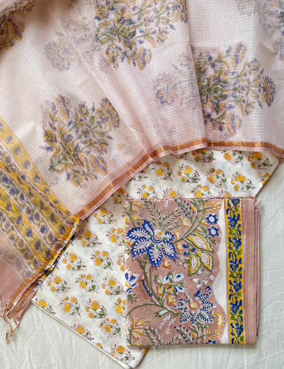 Pure Cotton Hand Block Printed Suit Set With Kota Doria Dupatta