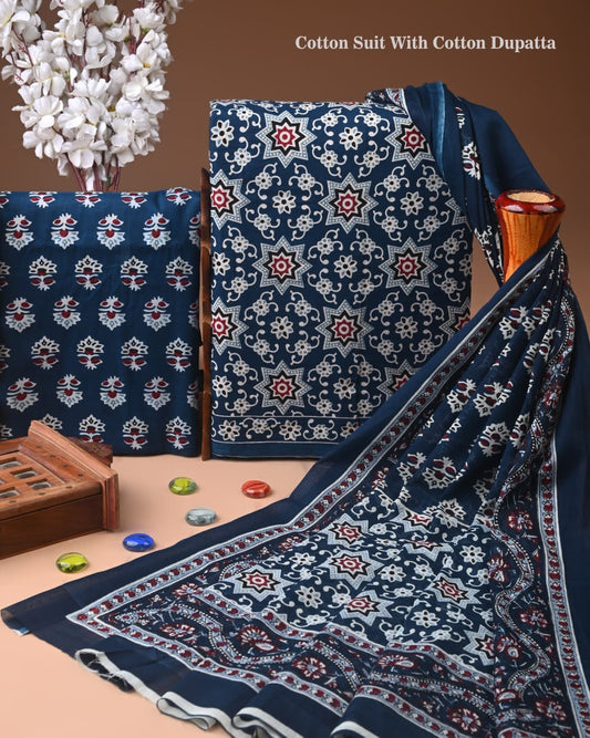 Designer Hand Block Printed Cotton Suit Set With Cotton Dupatta