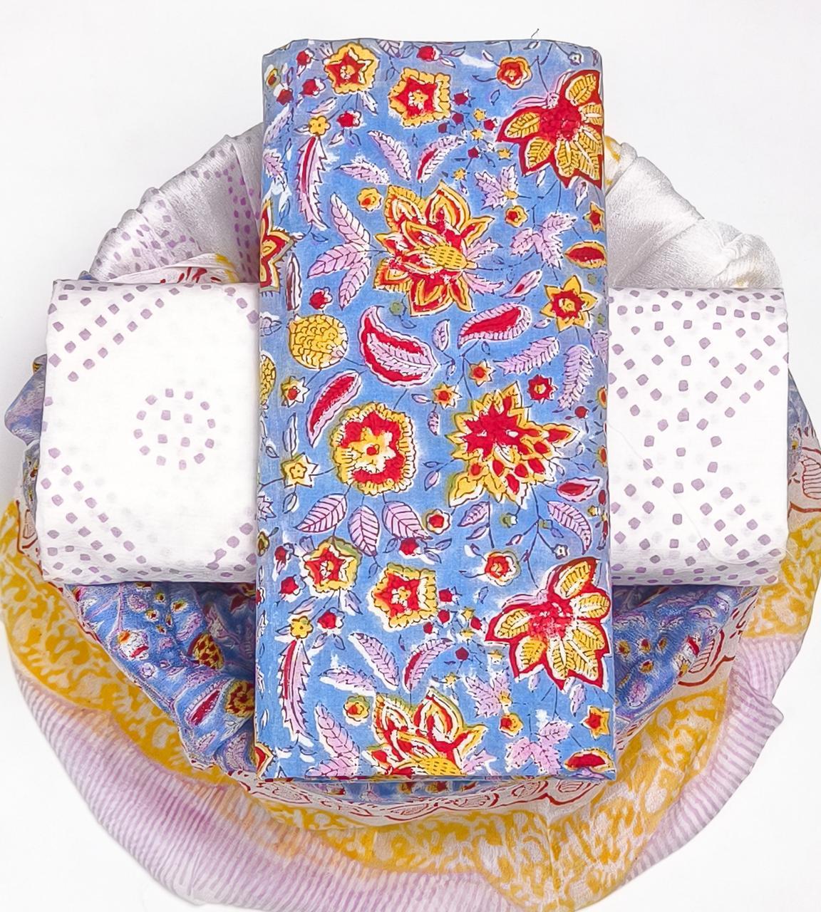 Pure Cotton Hand Block Printed Suit Set With Chiffon Dupatta