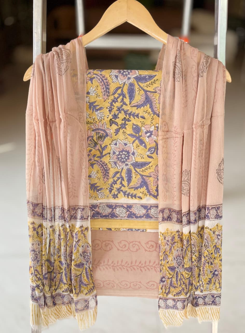 Pure Cotton Hand Block Printed Suit Set With Chiffon Dupatta