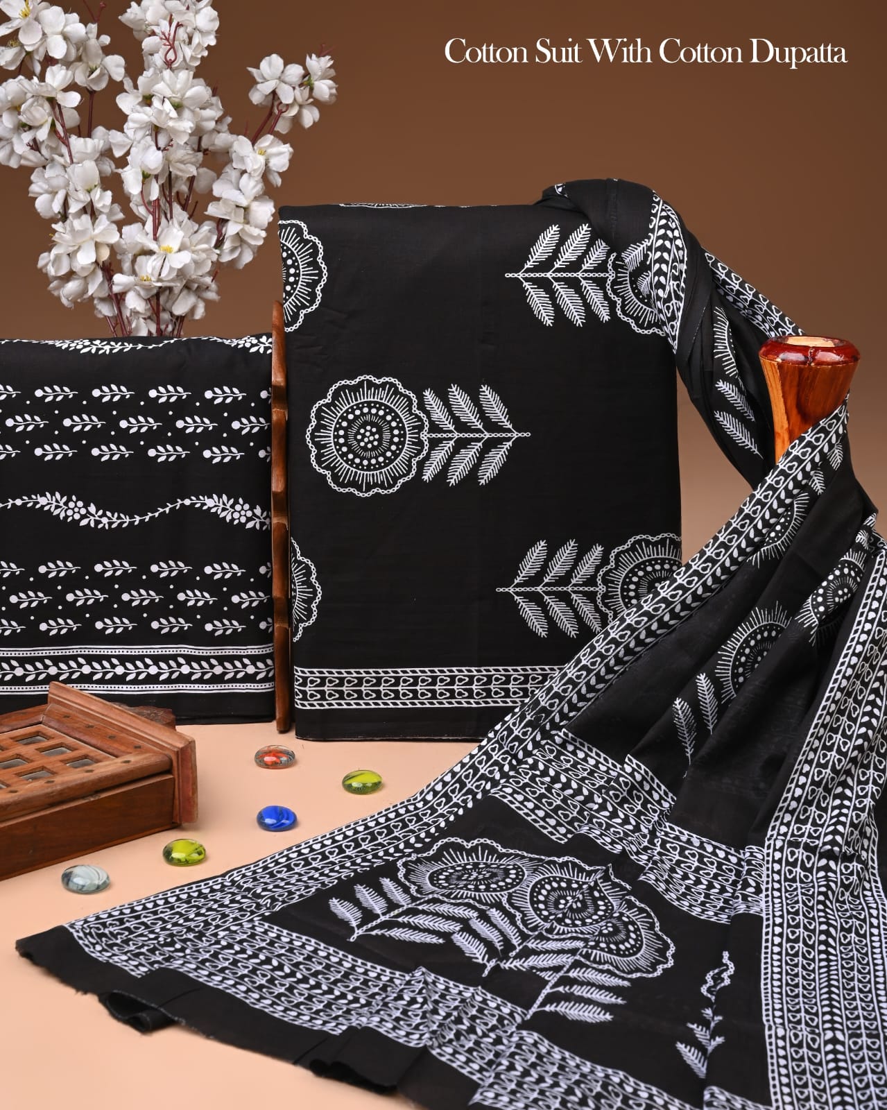 Designer Hand Block Printed Cotton Suit Set With Cotton Dupatta