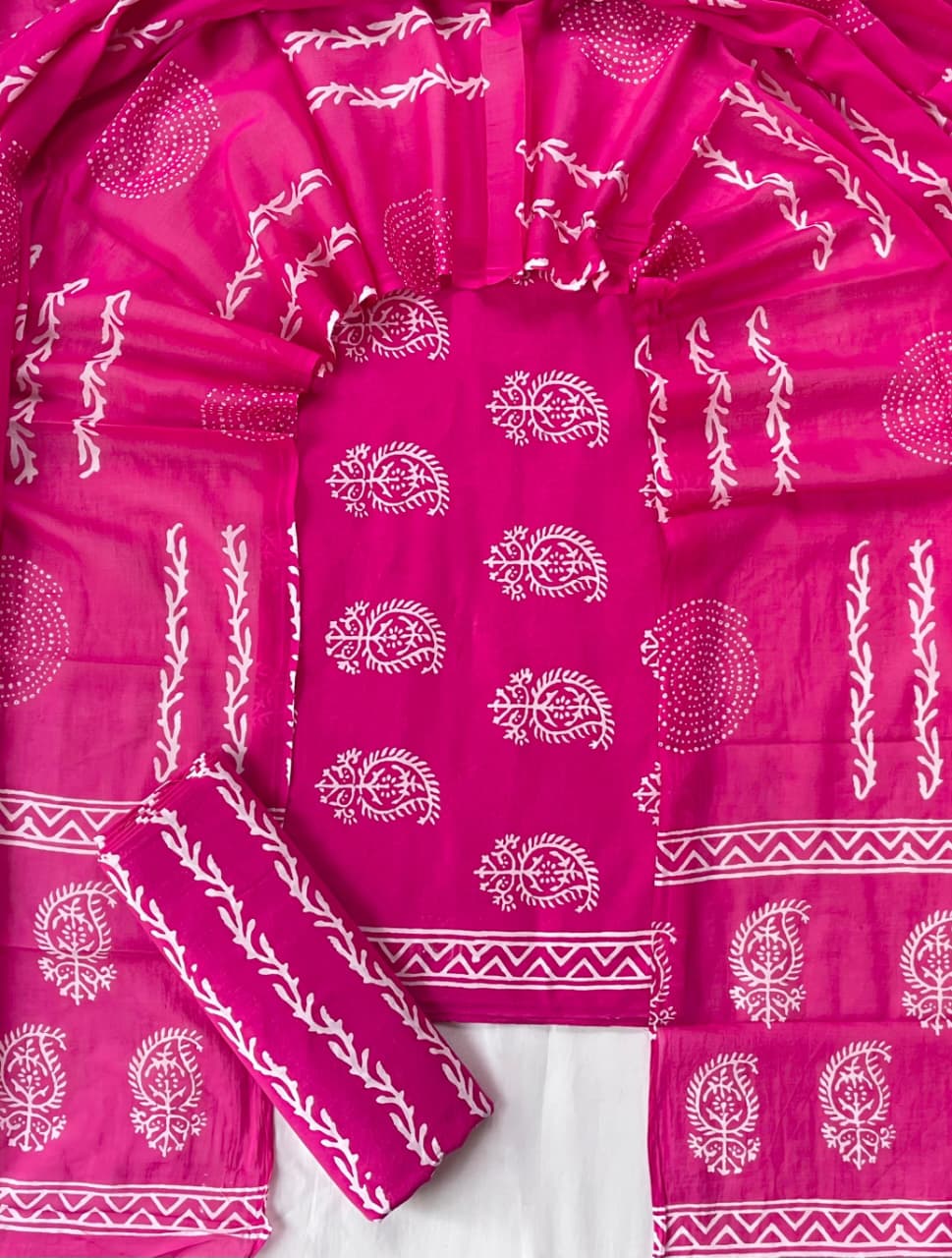 Pure Soft Cotton Hand Block Printed Suit Set With Cotton Dupatta