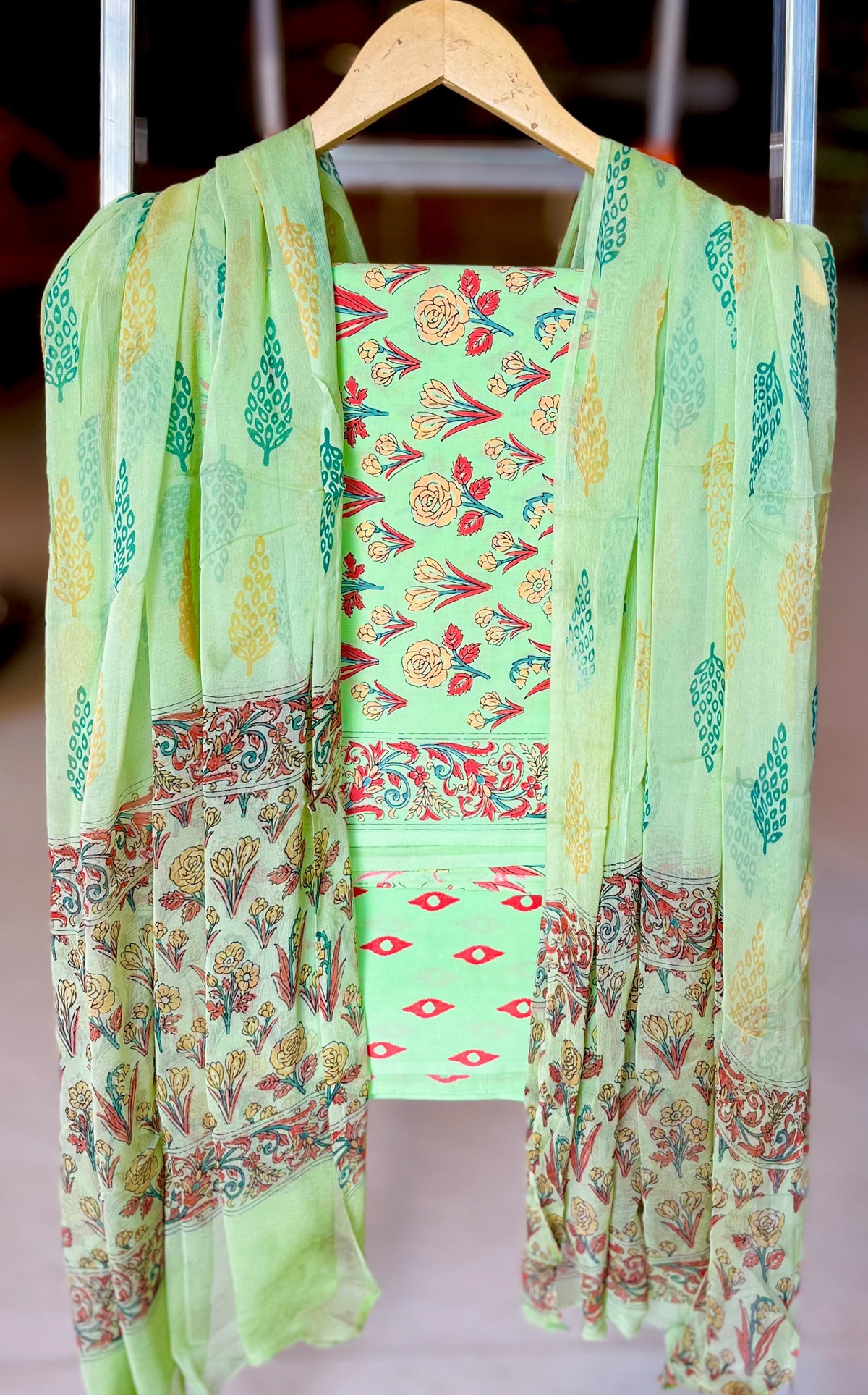 Pure Cotton Hand Block Printed Suit Set With Chiffon Dupatta