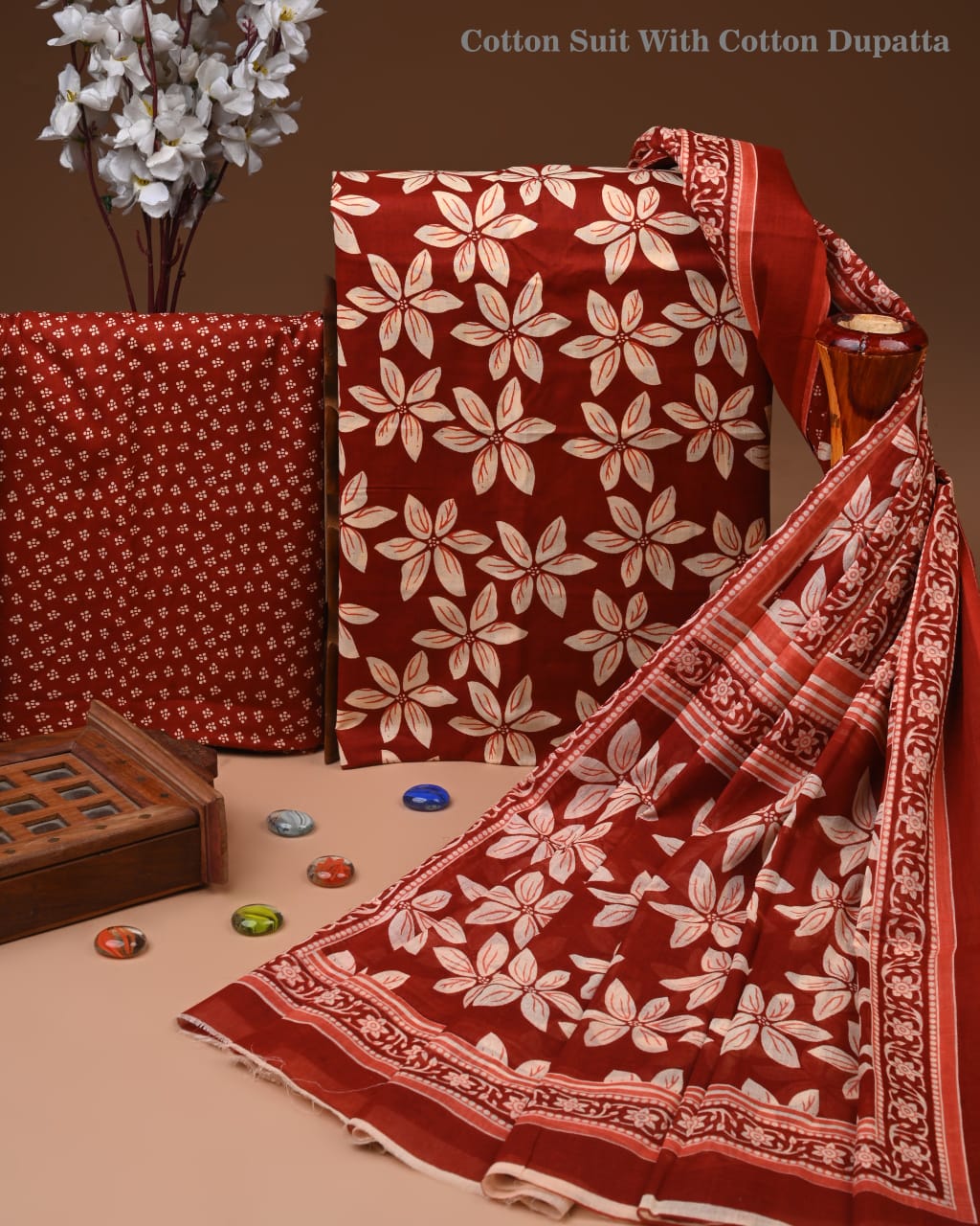 Designer Hand Block Printed Cotton Suit Set With Cotton Dupatta