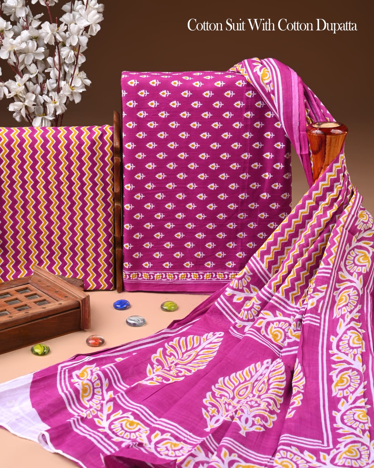 Designer Hand Block Printed Cotton Suit Set With Cotton Dupatta