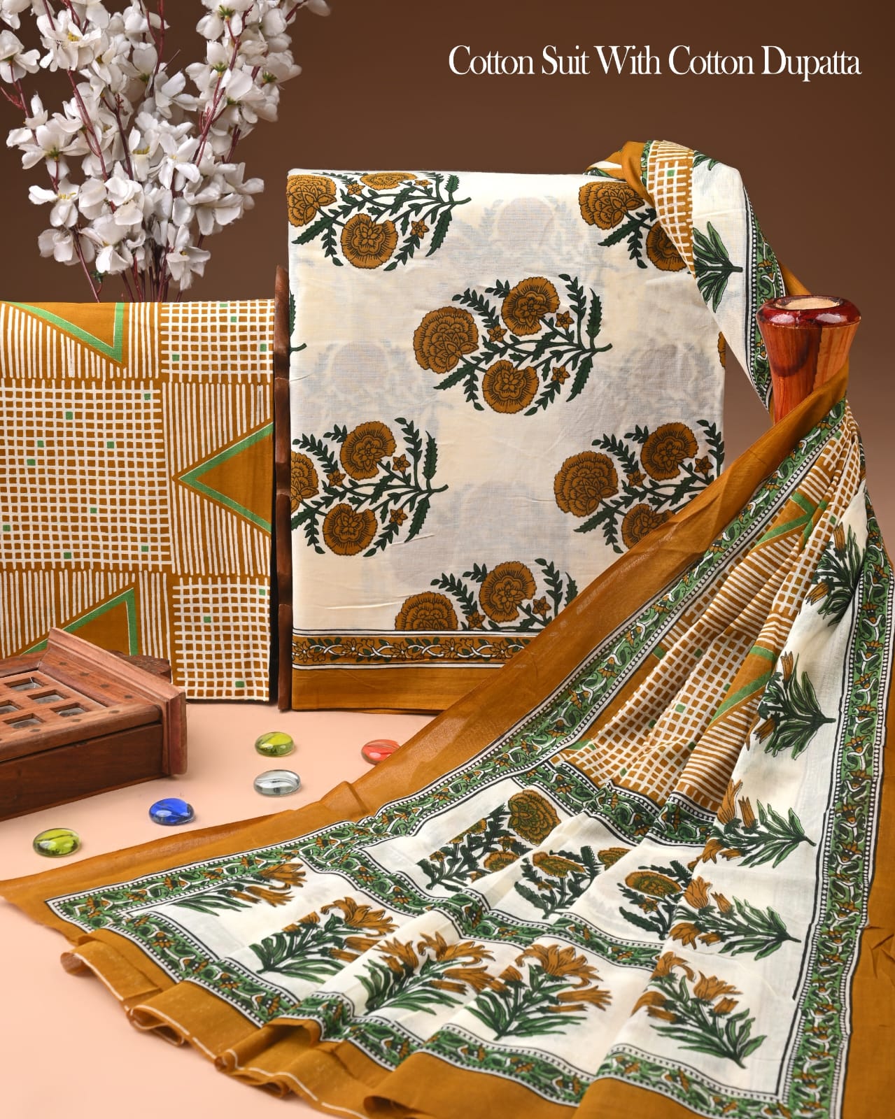 Pure Soft Cotton Hand Block Printed Suit Set With Cotton Dupatta