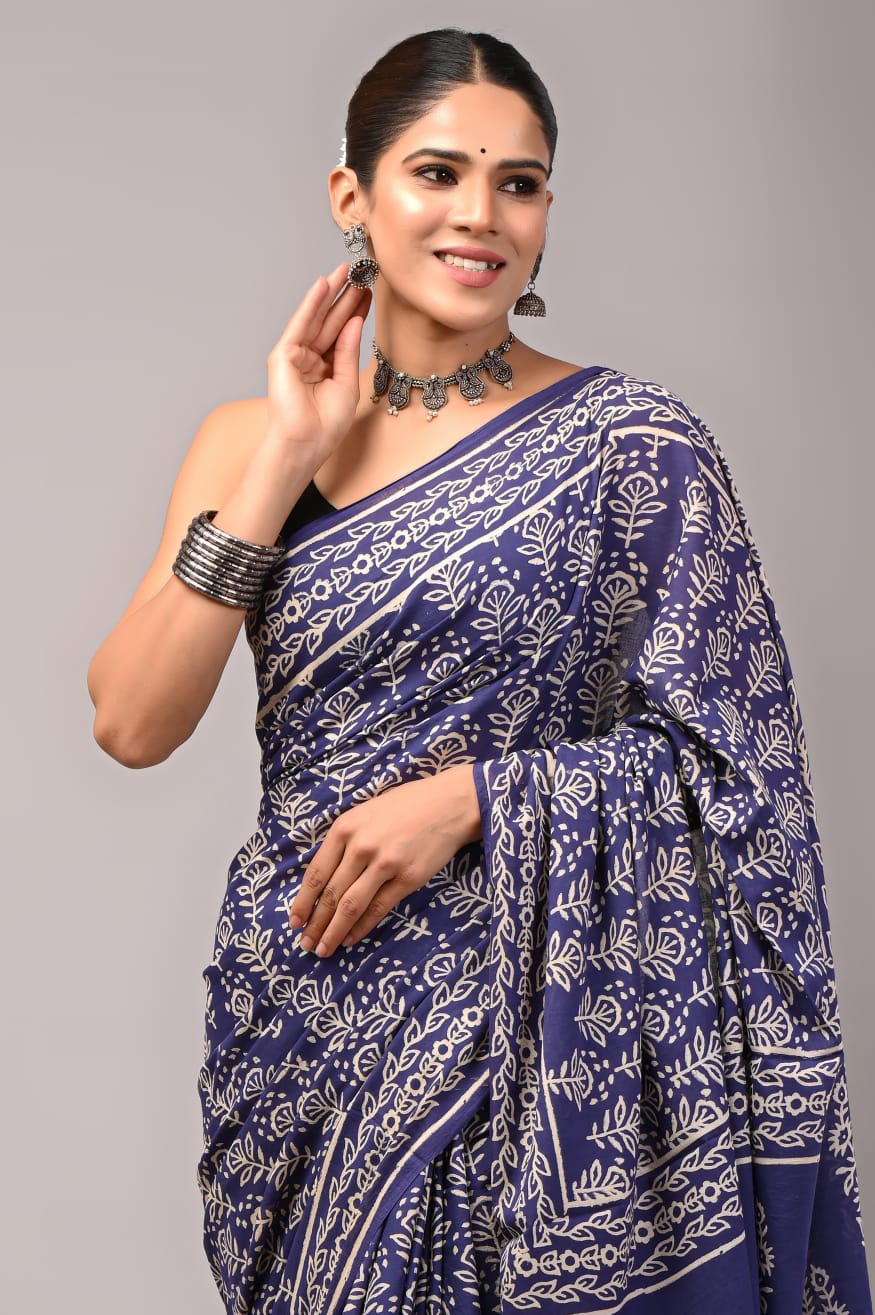 Pure Soft Cotton Handblock Printed Saree With Blouse