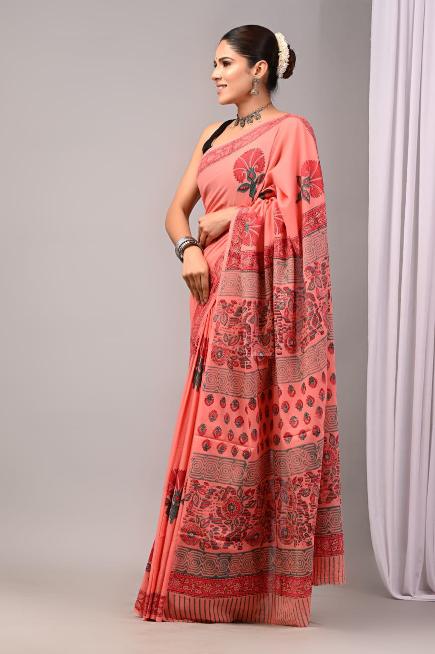 Pure Soft Cotton Handblock Printed Saree With Blouse