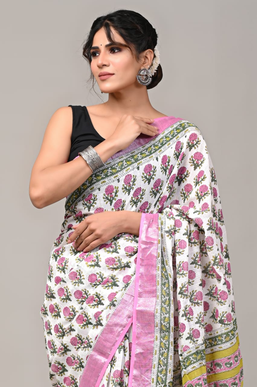 Pure Cotton Linen Handblock Printed Saree With Blouse