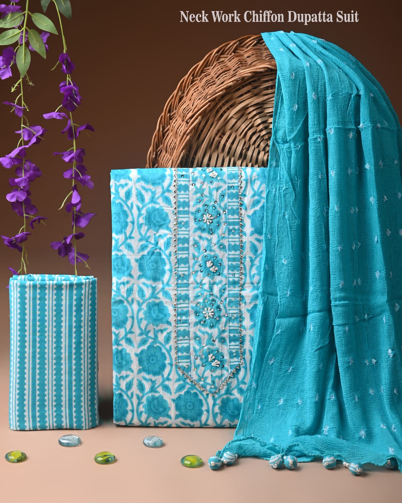 Premium Gota Patti Work Cotton Suit Set With Chiffon Dupatta