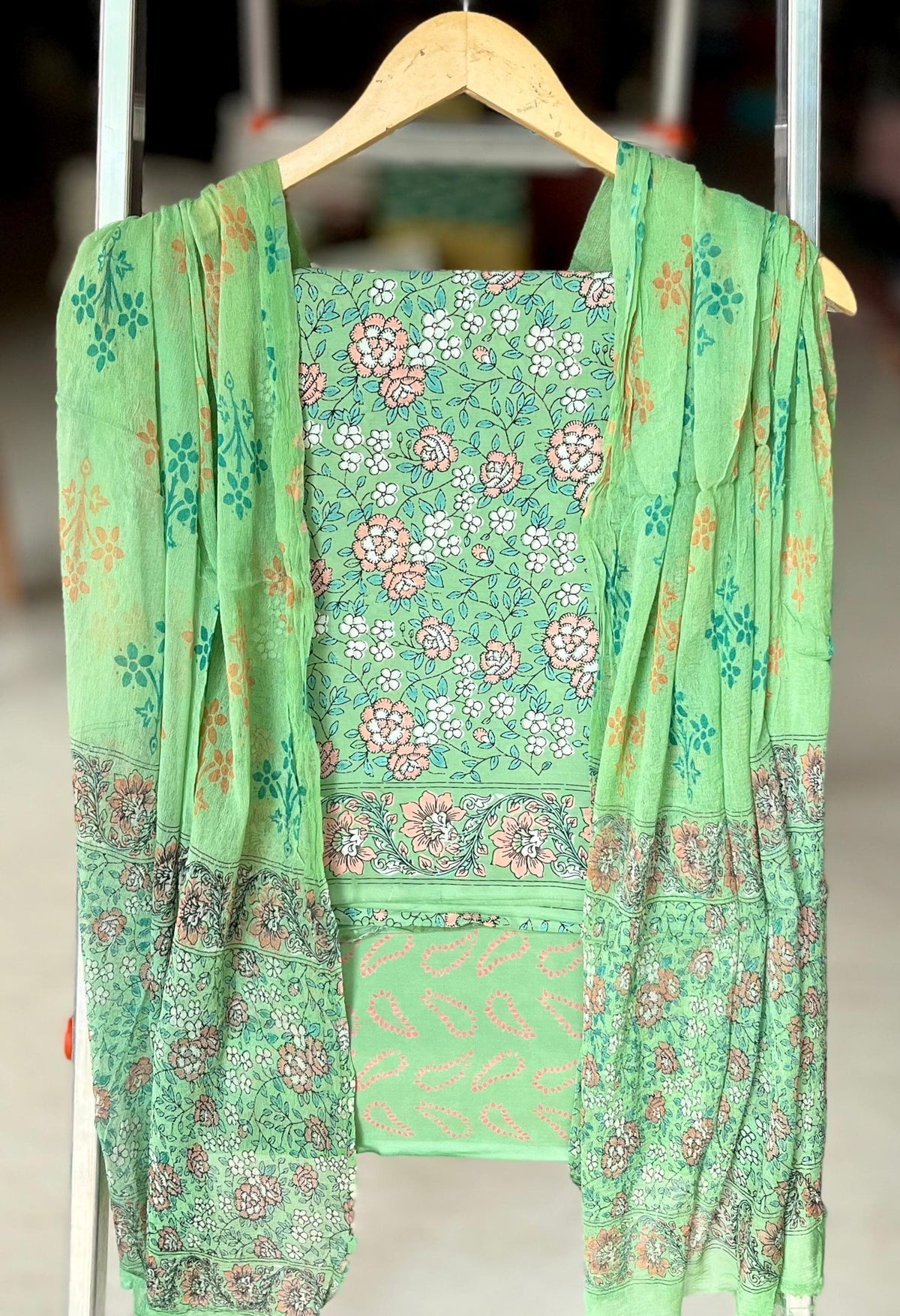 Pure Soft Cotton Hand Block Printed Suit Set With Chiffon Dupatta