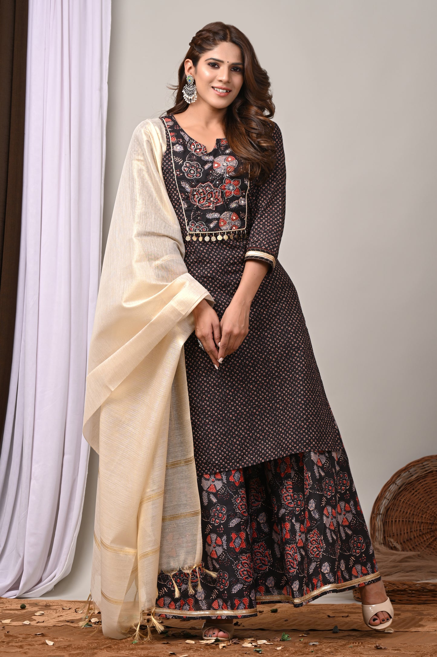 Midnight Elegance Printed Kurta Palazzo Set with Dupatta