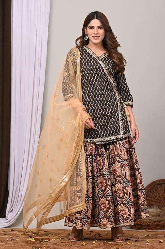 Royal Noir Printed Peplum Kurta Sharara Set with Net Dupatta
