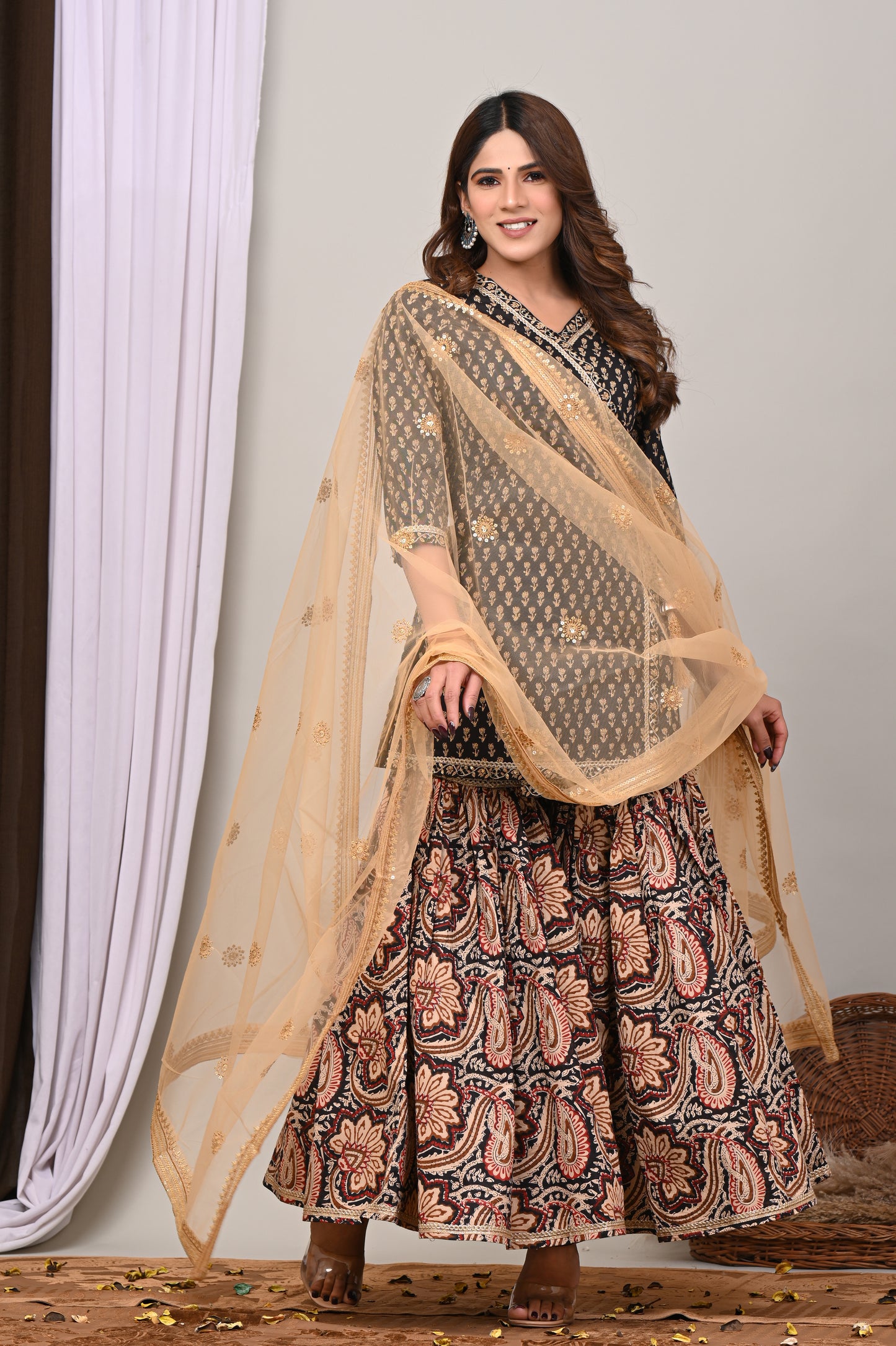 Royal Noir Printed Peplum Kurta Sharara Set with Net Dupatta
