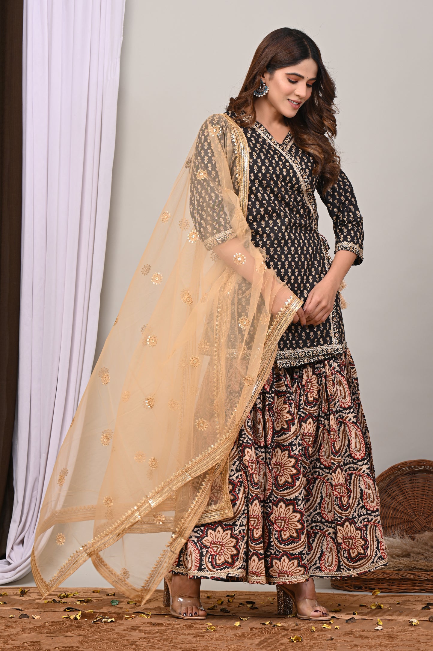 Royal Noir Printed Peplum Kurta Sharara Set with Net Dupatta