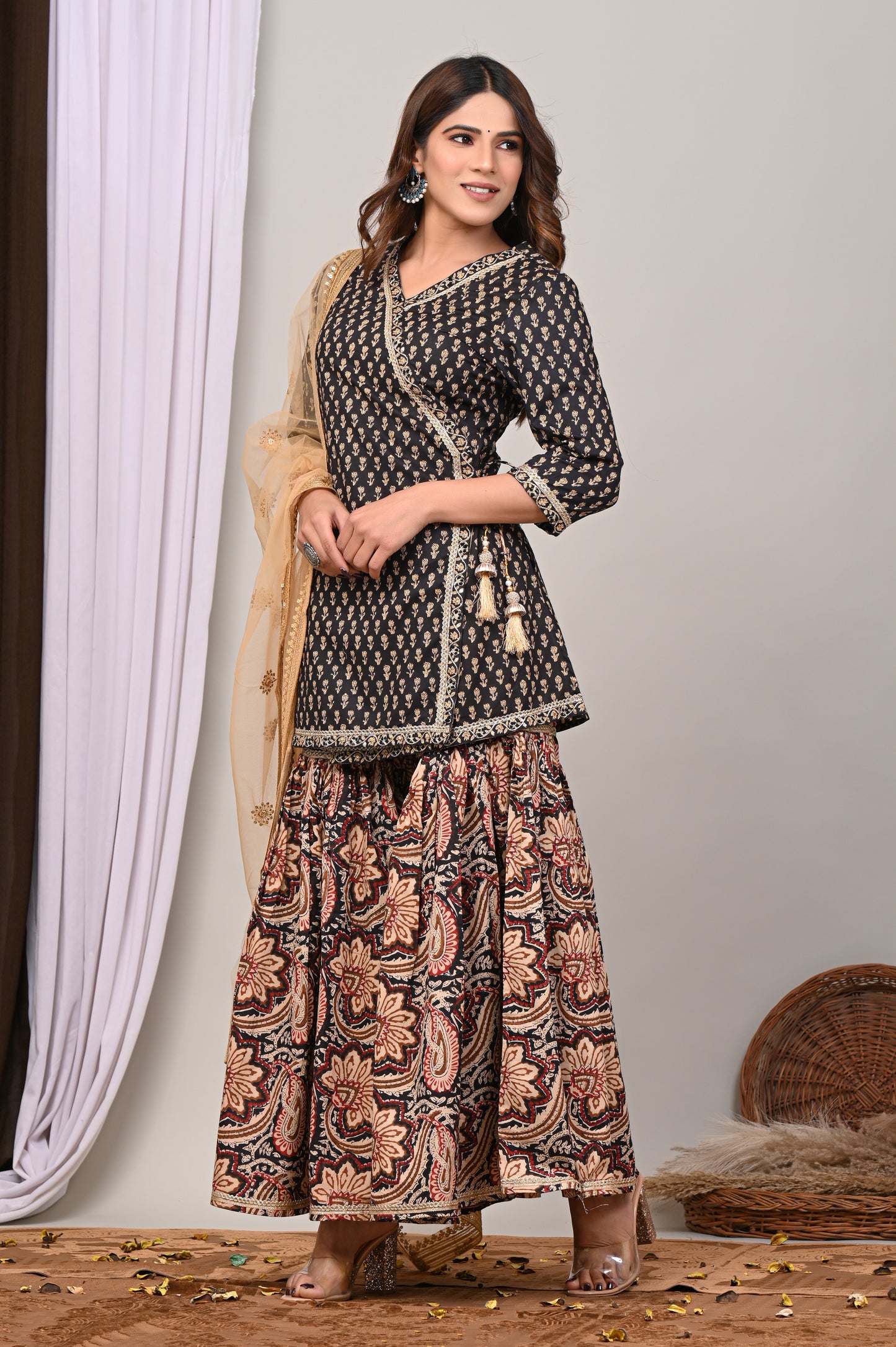 Royal Noir Printed Peplum Kurta Sharara Set with Net Dupatta