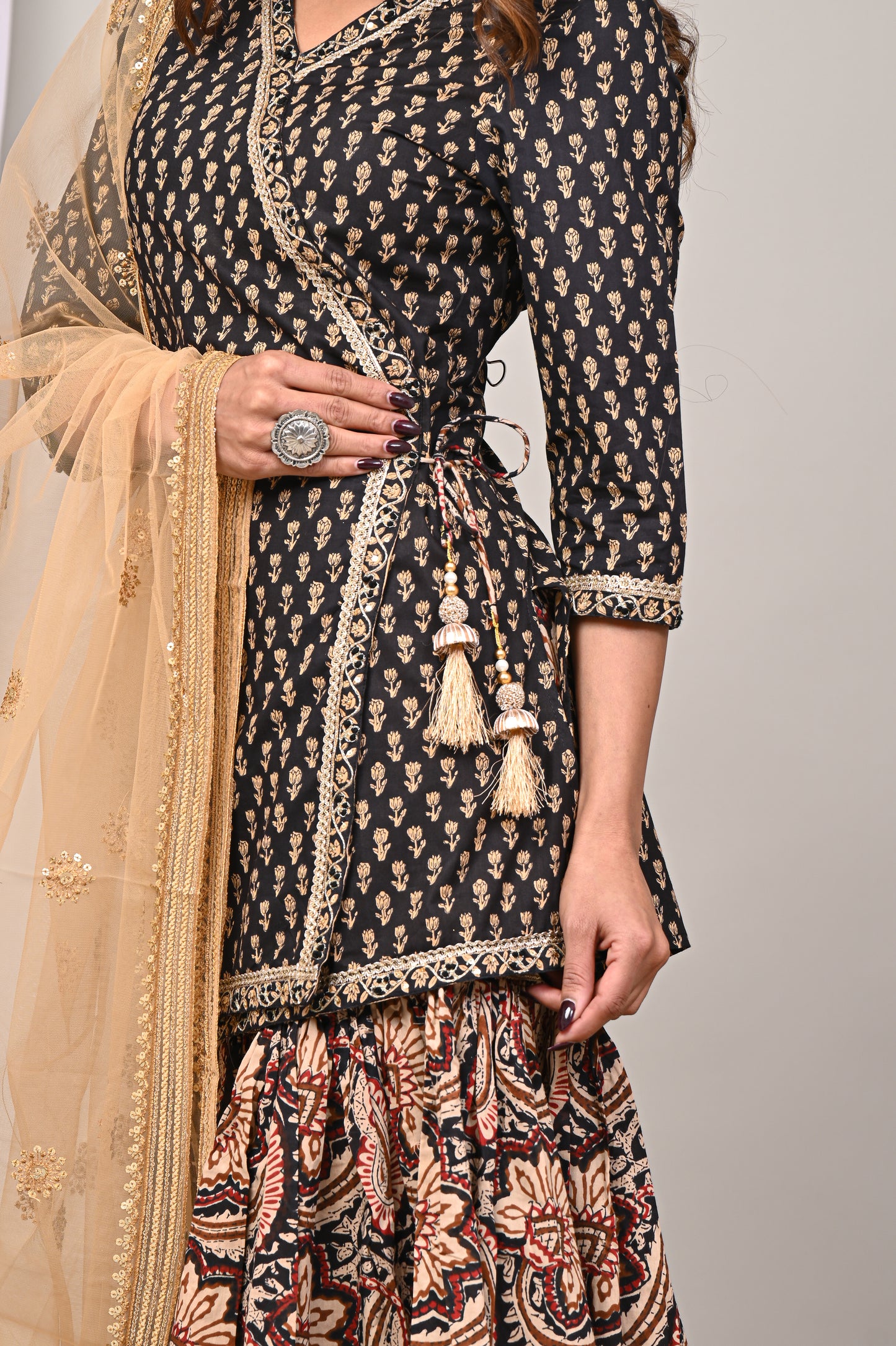 Royal Noir Printed Peplum Kurta Sharara Set with Net Dupatta