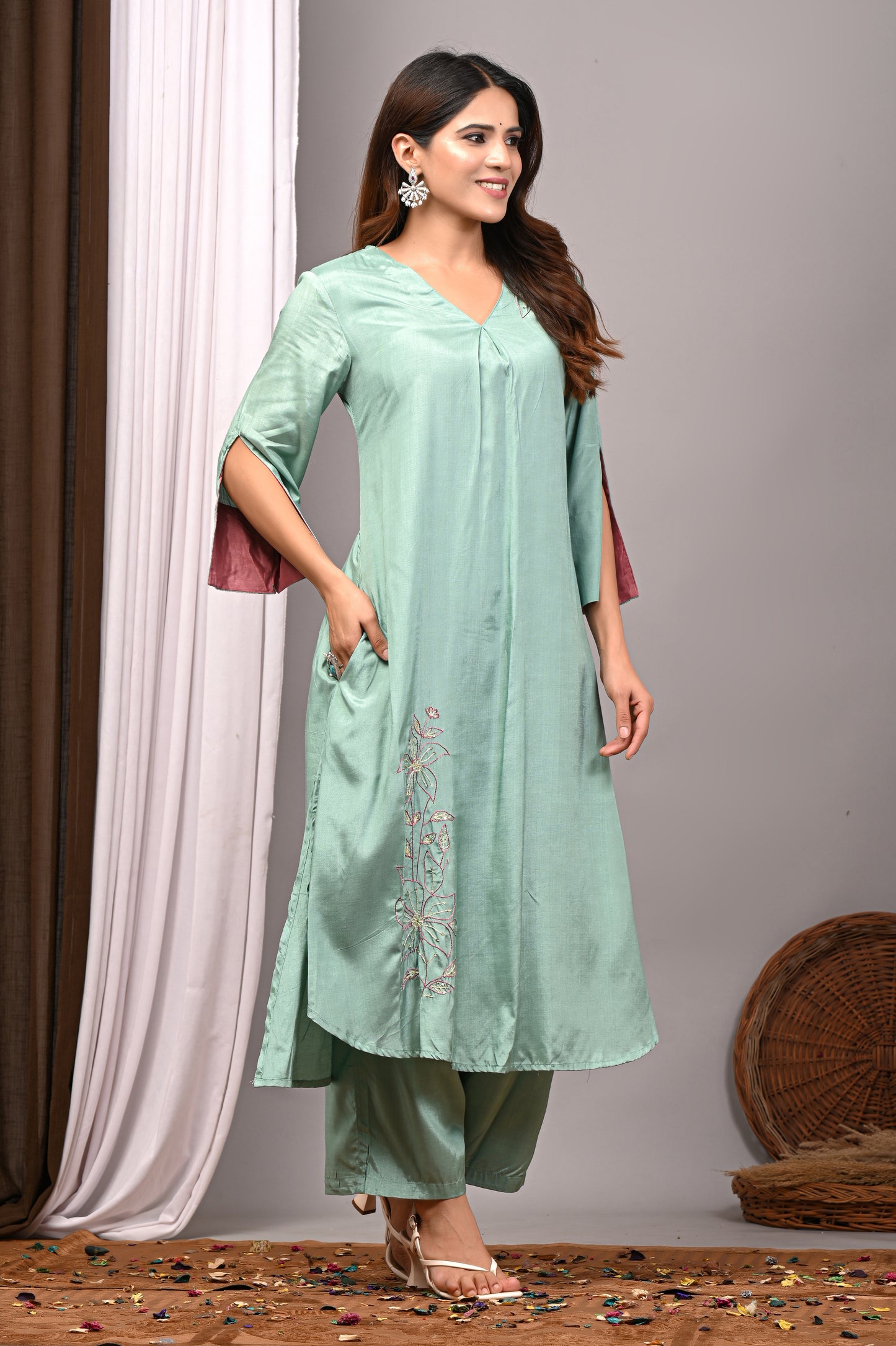 Premium Solid Muslin Fabric 2-Piece Kurta Pant Set