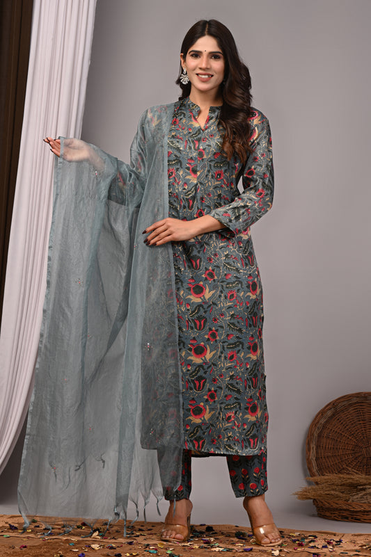 Premium Handblock Printed Modal Silk Suit Set with Dupatta