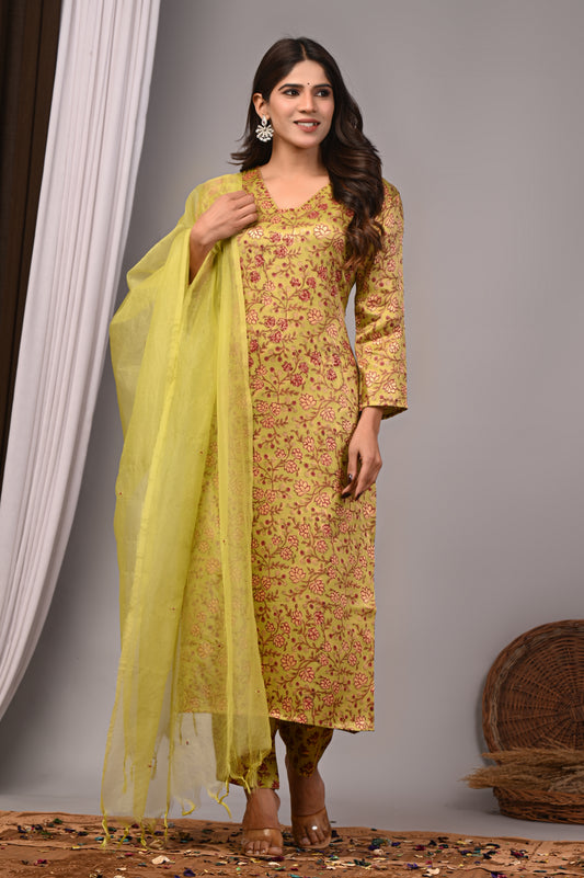 Premium Handblock Printed Modal Silk Suit Set with Dupatta