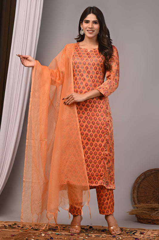 Premoium Handblock Printed Modal Silk Suit Set with Dupatta