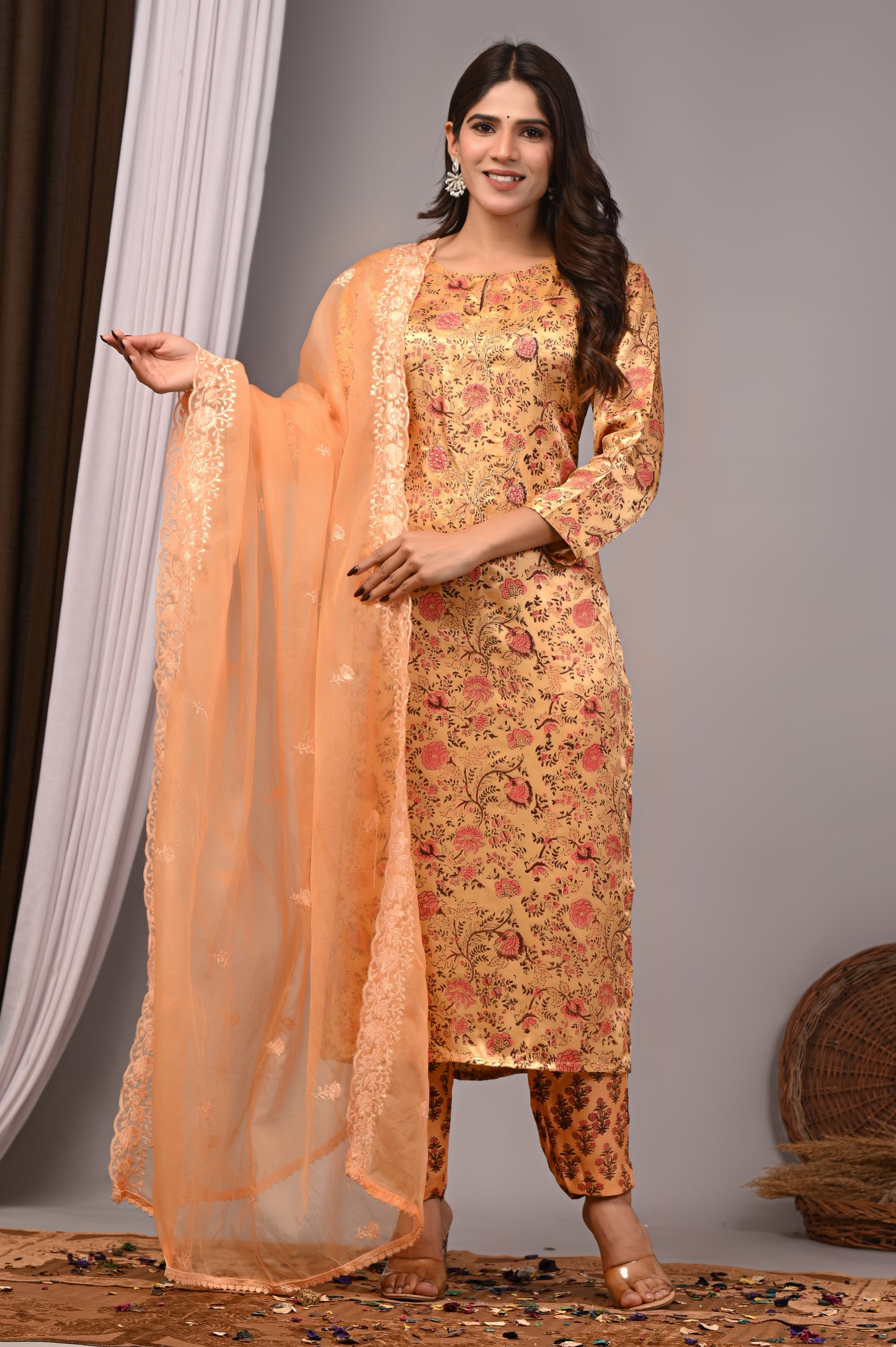 Premium Handblock Printed Modal Silk Suit Set with Dupatta