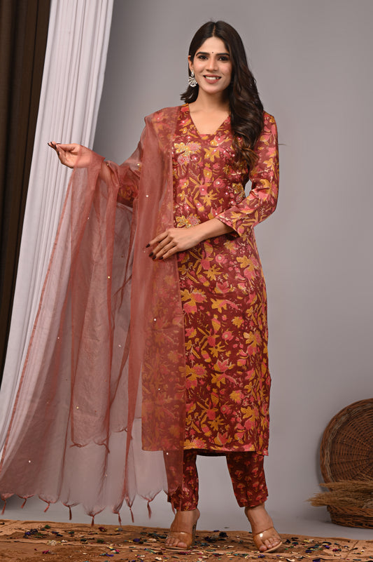 Premium Handblock Printed Modal Silk Suit Set with Dupatta