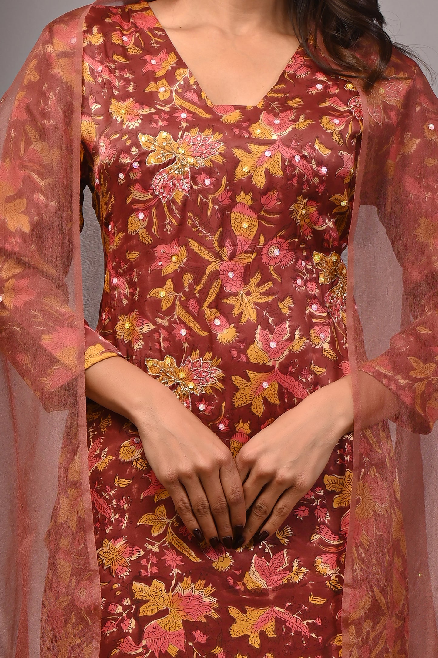 Premium Handblock Printed Modal Silk Suit Set with Dupatta