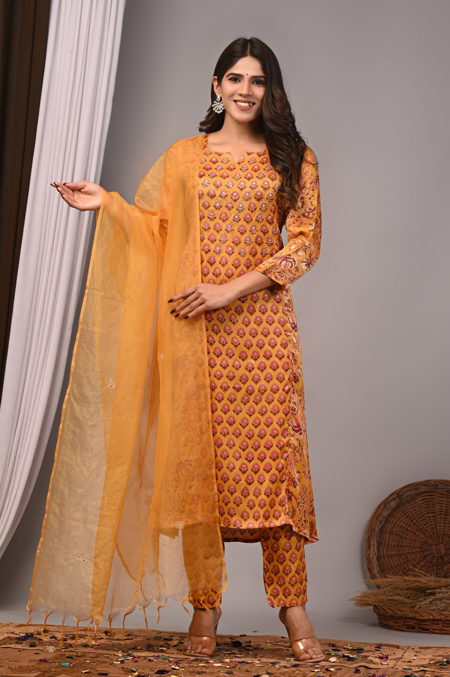 Premium Handblock Printed Modal Silk Suit Set with Dupatta
