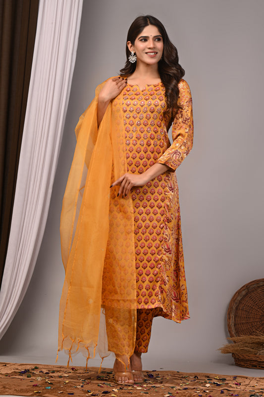Premium Handblock Printed Modal Silk Suit Set with Dupatta