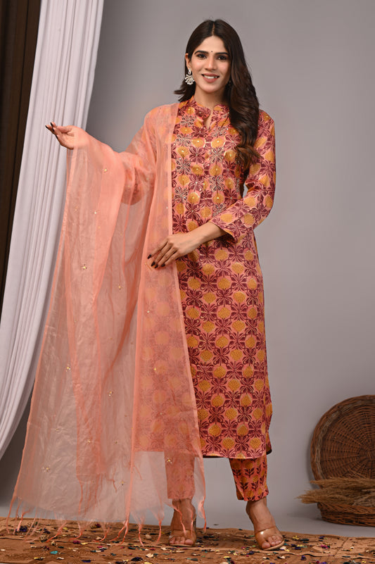 Premium Handblock Printed Modal Silk Suit Set with Dupatta