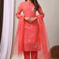 Elegant Coral Chanderi Silk Hand-Embroidered Suit Set with Dupatta