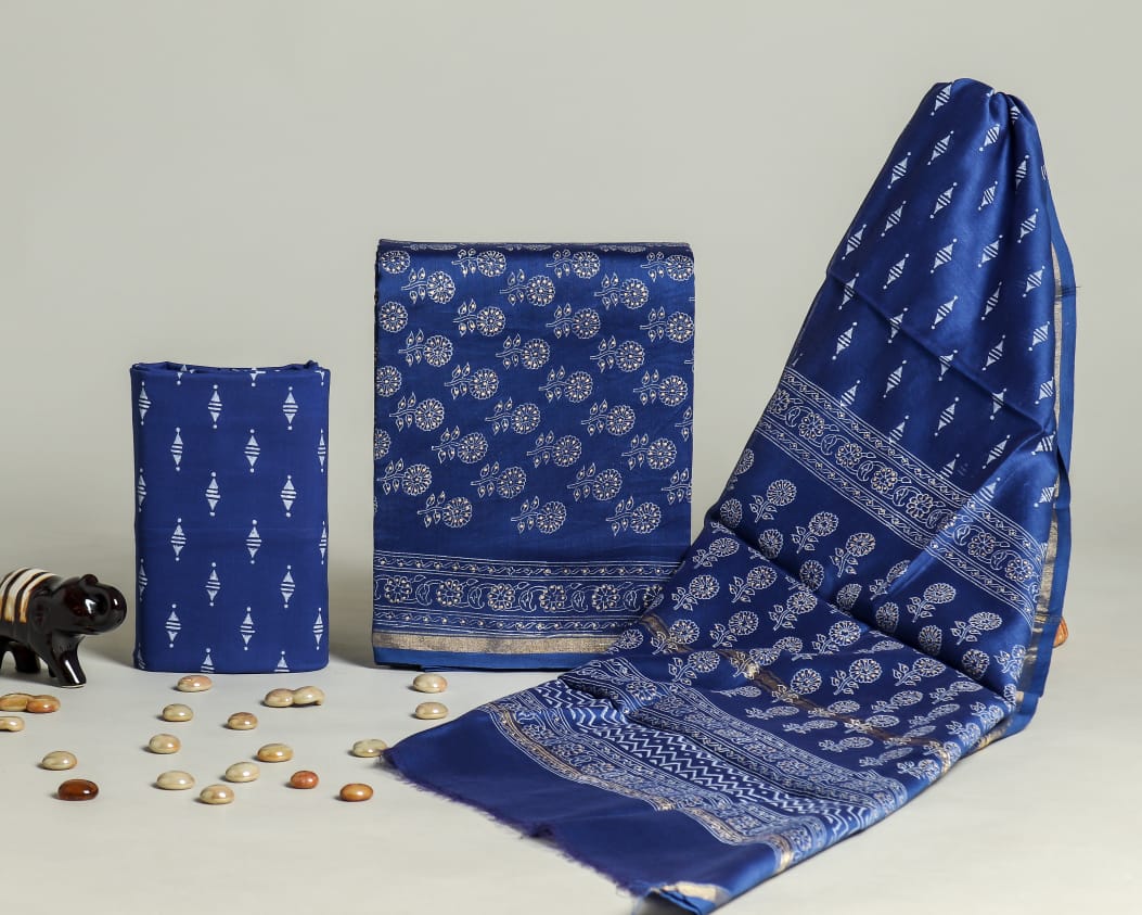 Designer Handblock Printed Chanderi Silk Suit Set