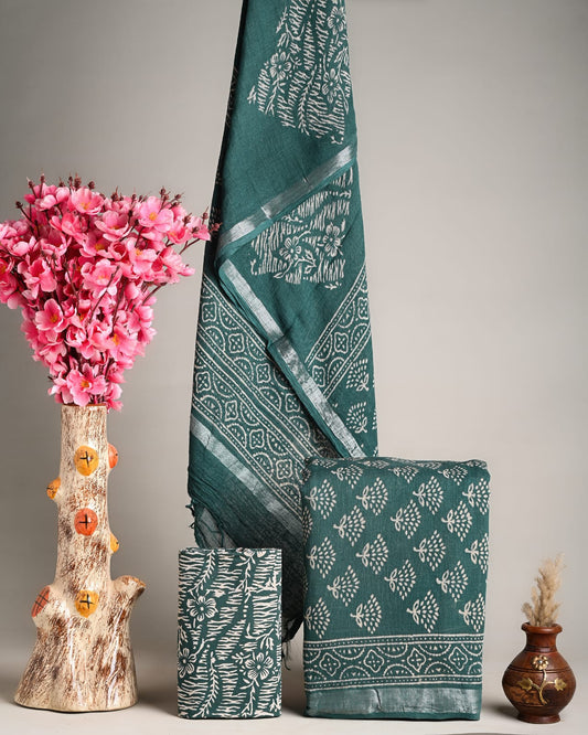 Hand Block Printed Cotton Linen Suit Set With Dupatta