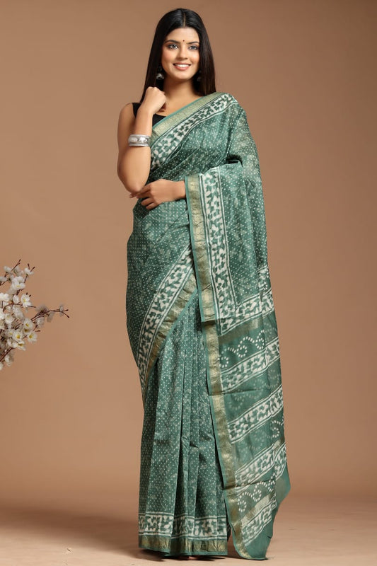 Premium Designer Hand Block Printed Maheshwari Silk Saree With Blouse