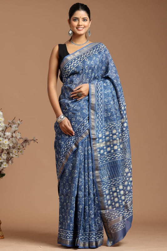 Premium Designer Hand Block Printed Maheshwari Silk Saree With Blouse