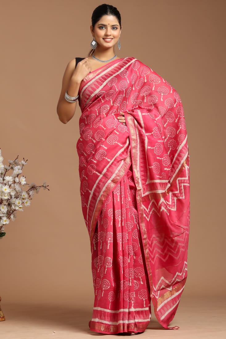 Premium Designer Hand Block Printed Maheshwari Silk Saree With Blouse