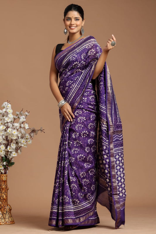 Premium Designer Hand Block Printed Maheshwari Silk Saree With Blouse