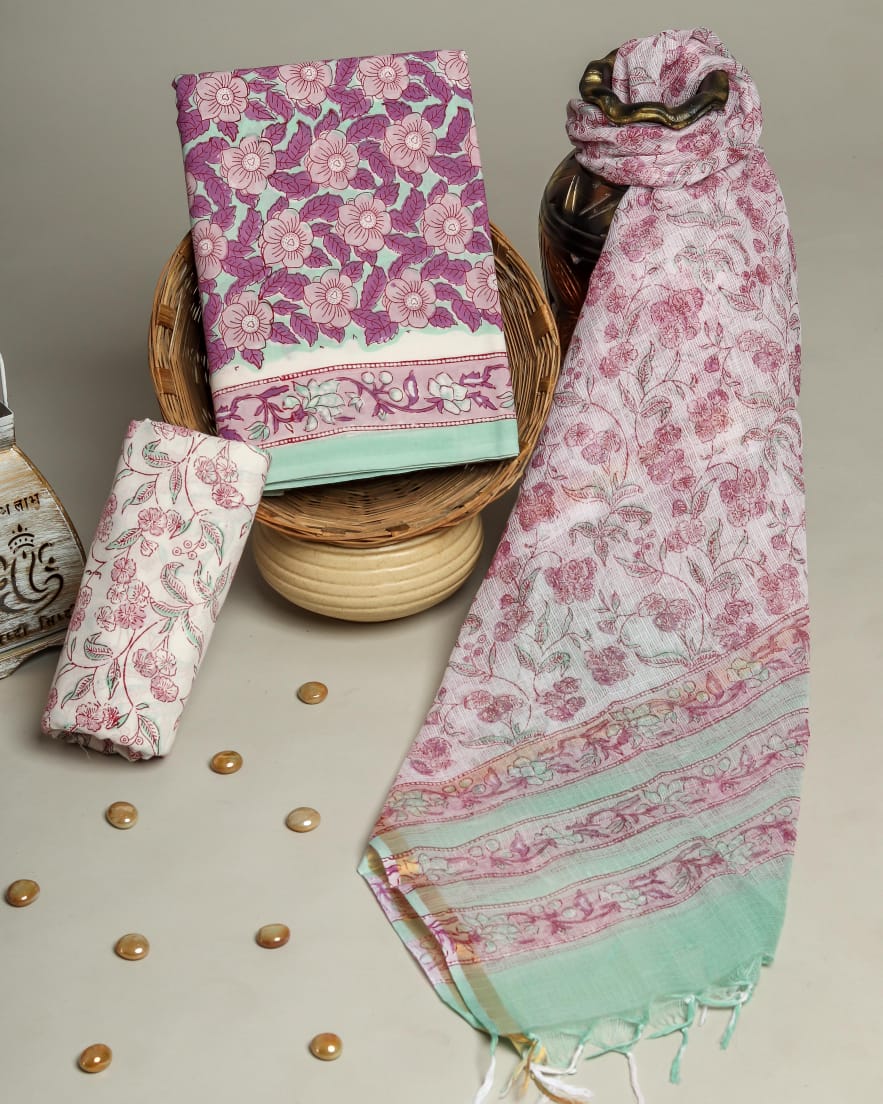 Pure Cotton Hand Block Printed Suit Set With Kota Doria Dupatta