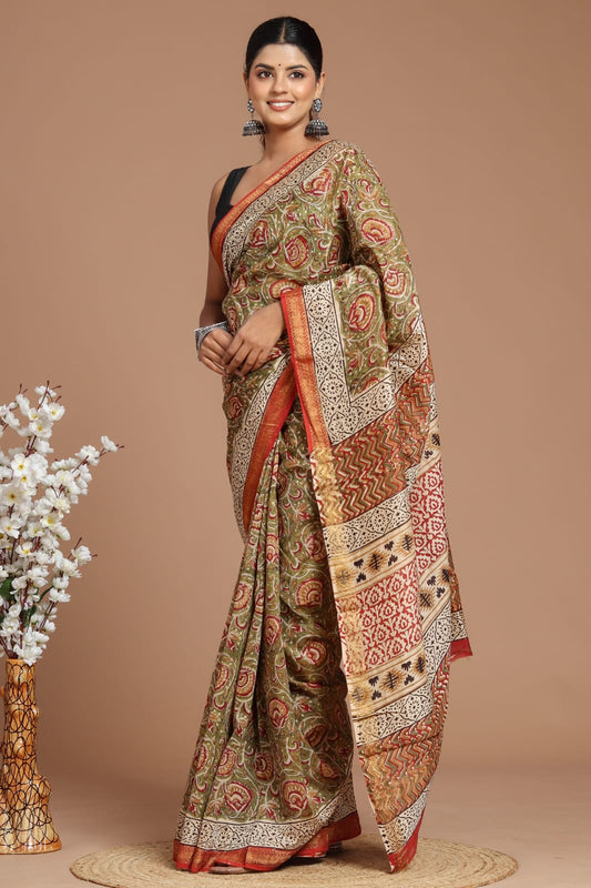 Premium Designer Hand Block Printed Maheshwari Silk Saree With Blouse