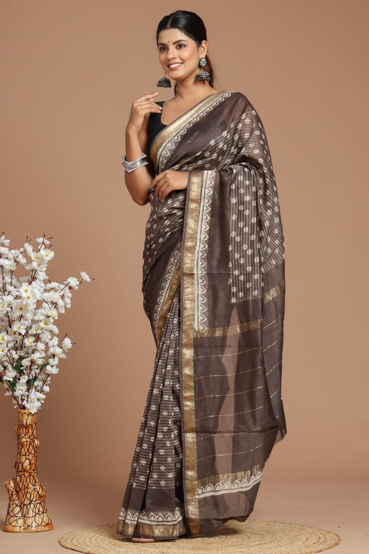 Premium Designer Hand Block Printed Maheshwari Silk Saree With Blouse