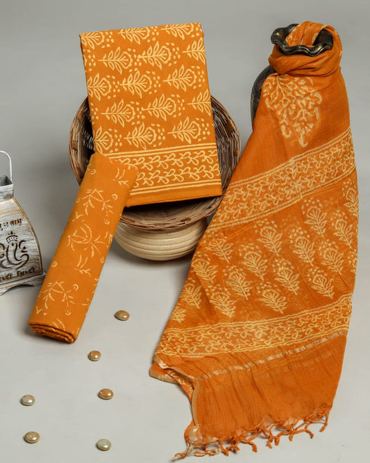 Pure Cotton Hand Block Printed Suit Set With Kota Doria Dupatta