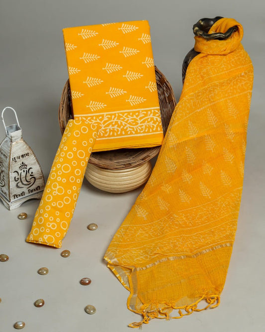 Pure Cotton Hand Block Printed Suit Set With Kota Doria Dupatta