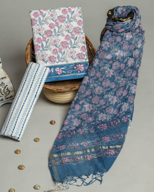 Pure Cotton Hand Block Printed Suit Set With Kota Doria Dupatta