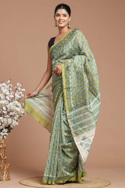 Premium Hand Block Printed Chanderi Silk Saree With Blouse