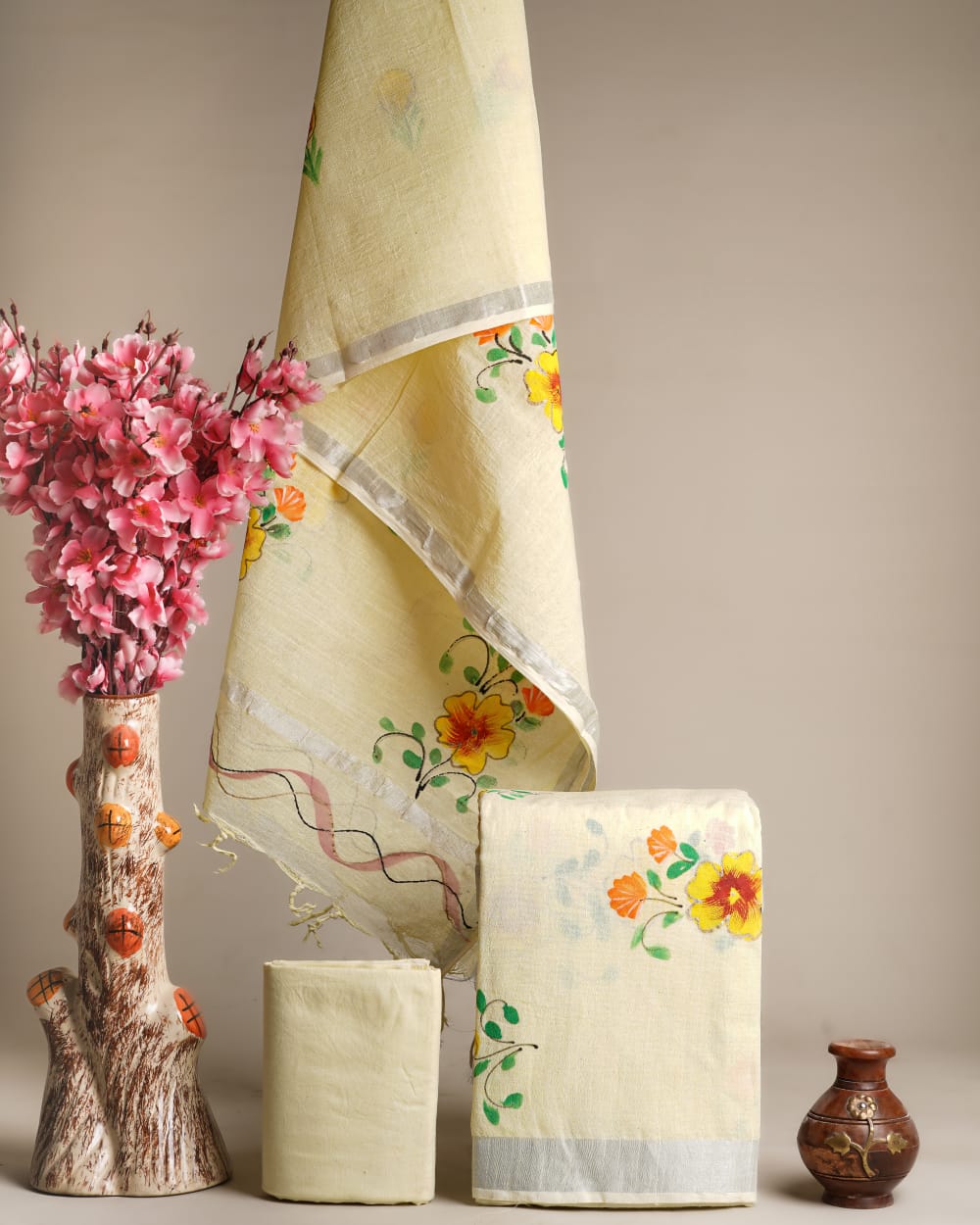 Hand Block Printed Cotton Linen Suit Set With Dupatta
