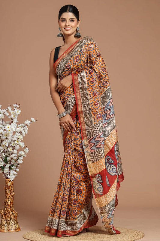 Premium Designer Hand Block Printed Maheshwari Silk Saree With Blouse