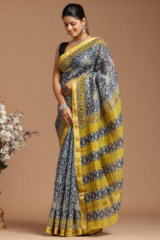 Premium Designer Hand Block Printed Maheshwari Silk Saree With Blouse