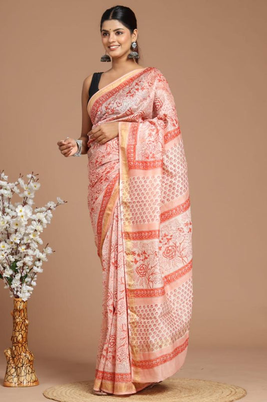 Premium Designer Hand Block Printed Maheshwari Silk Saree With Blouse